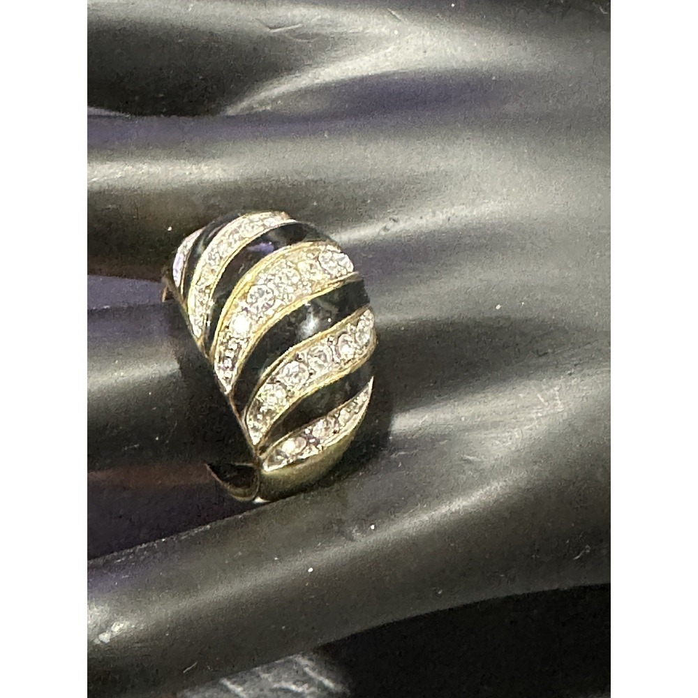 Black Enamel Clear Rhinestone Swirl Design Statement‎ Ring Gold Tone Sz 9 EDCO